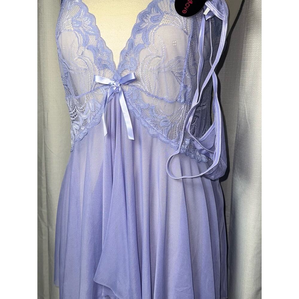 Lace-Trim Light Lavender Night Chemise with Bow Accent - Picture 3 of 13